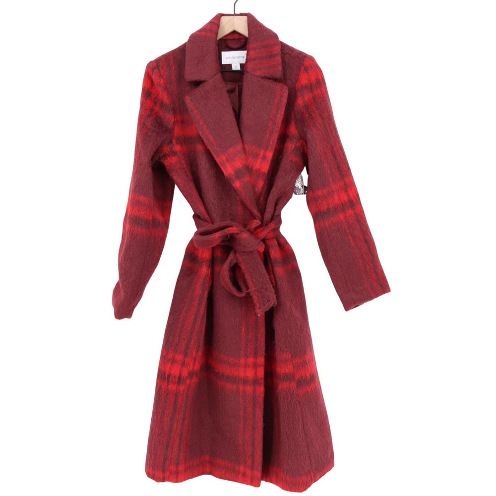 Liz Claiborne Midweight Trench Coat Womens Medium Red Plaid Belted Notch Collar - Picture 2 of 7